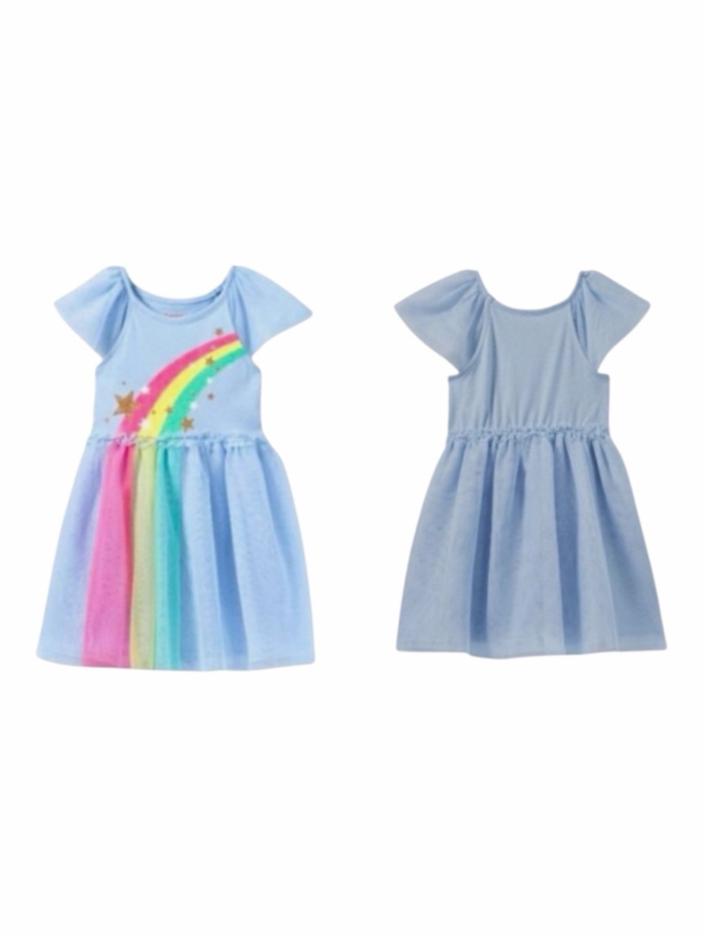 Cat & Jack Girls Blue Rainbow Stars Graphic Short Sleeve Tutu Dress
